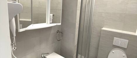 A bathroom with a white sink, a mirror, a toilet, and a shower enclosure.