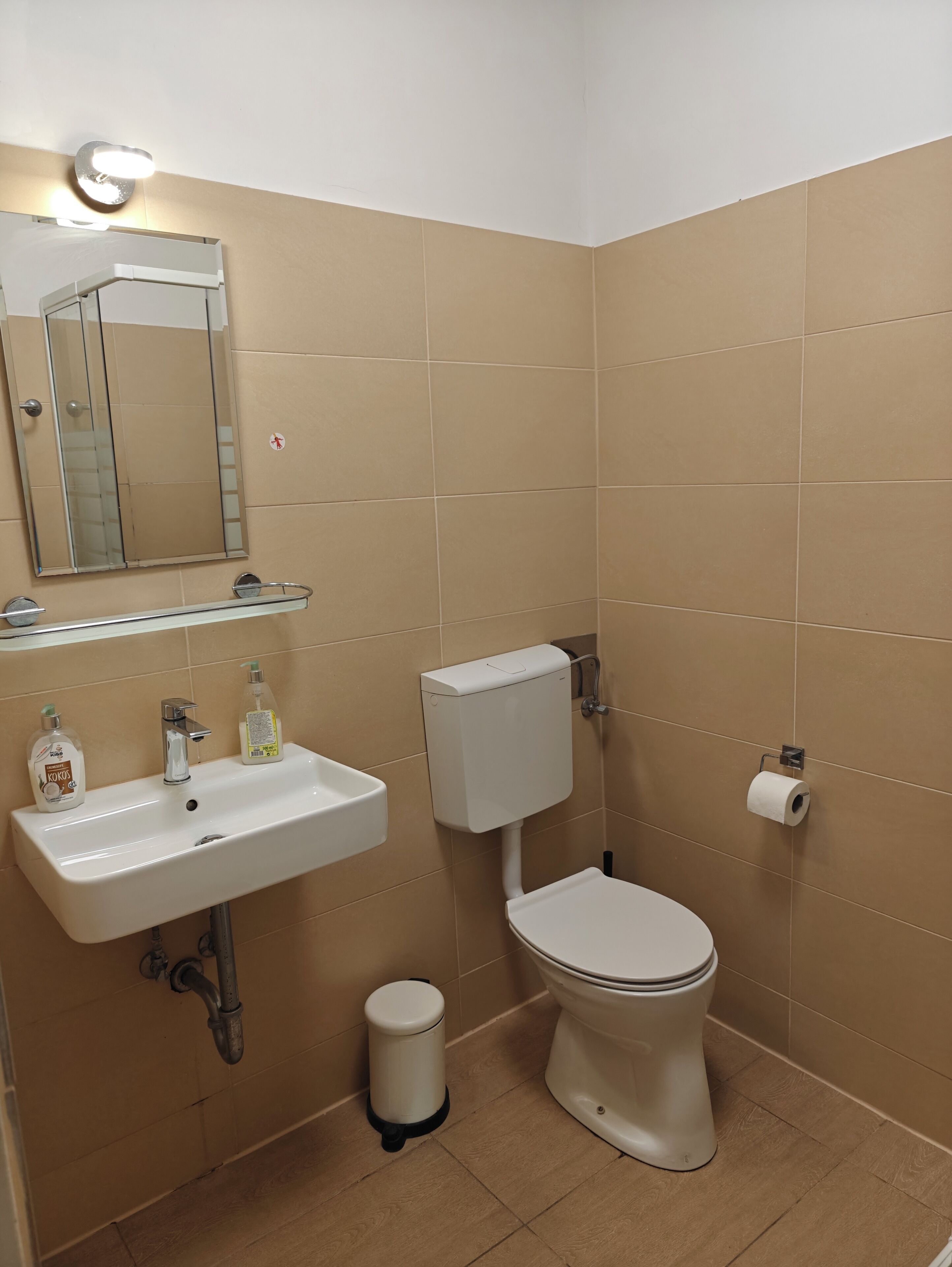 Une salle de bain avec un lavabo, des toilettes et un miroir.