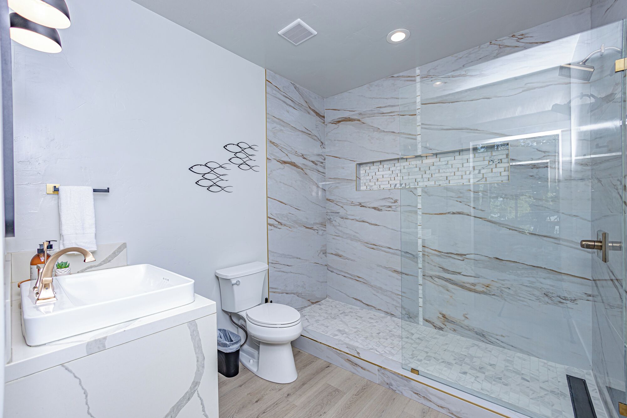 Douche, sèche-cheveux, serviettes fournies, savon