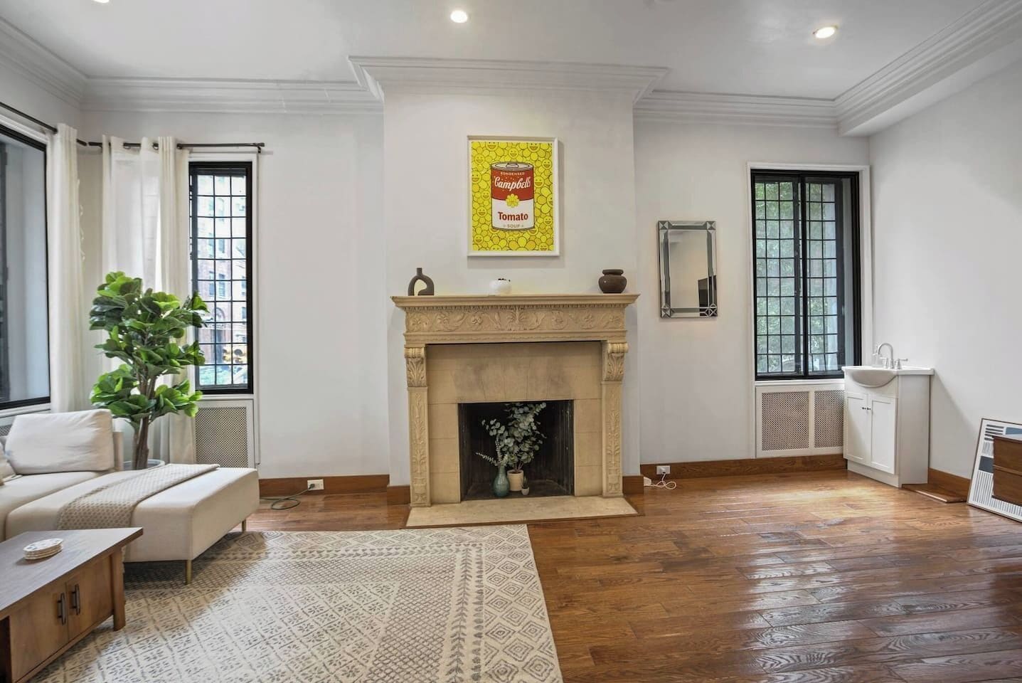 Una sala de estar con chimenea, un sofá, una mesa de centro y una planta en maceta.