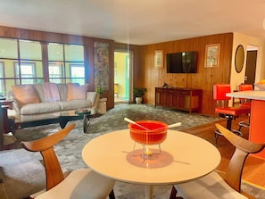 TV connectée, cheminée, livres