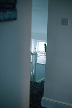 A narrow hallway with a white door leading to a room with a window and a plant.