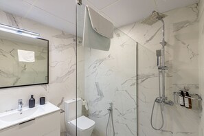 Shower, hair dryer, towels