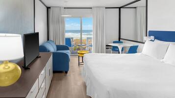 Hypo-allergenic bedding, laptop workspace, blackout drapes