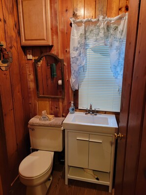 A wooden bathroom with a toilet, sink, and cabinet. - Cabin on peaceful soo lake, phillips wi. Enjoy waking up in the great northwood (Phillips)