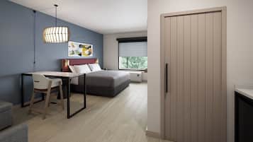A modern bedroom with a bed, desk, chair, and wardrobe.