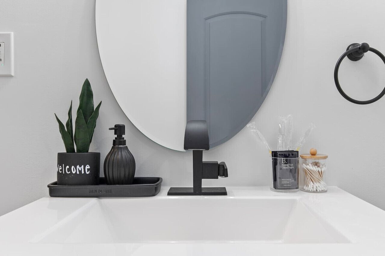 A bathroom with a white sink, a large mirror, a black soap dispenser, a potted plant, a bottle of hand soap, and a jar of cotton swabs.