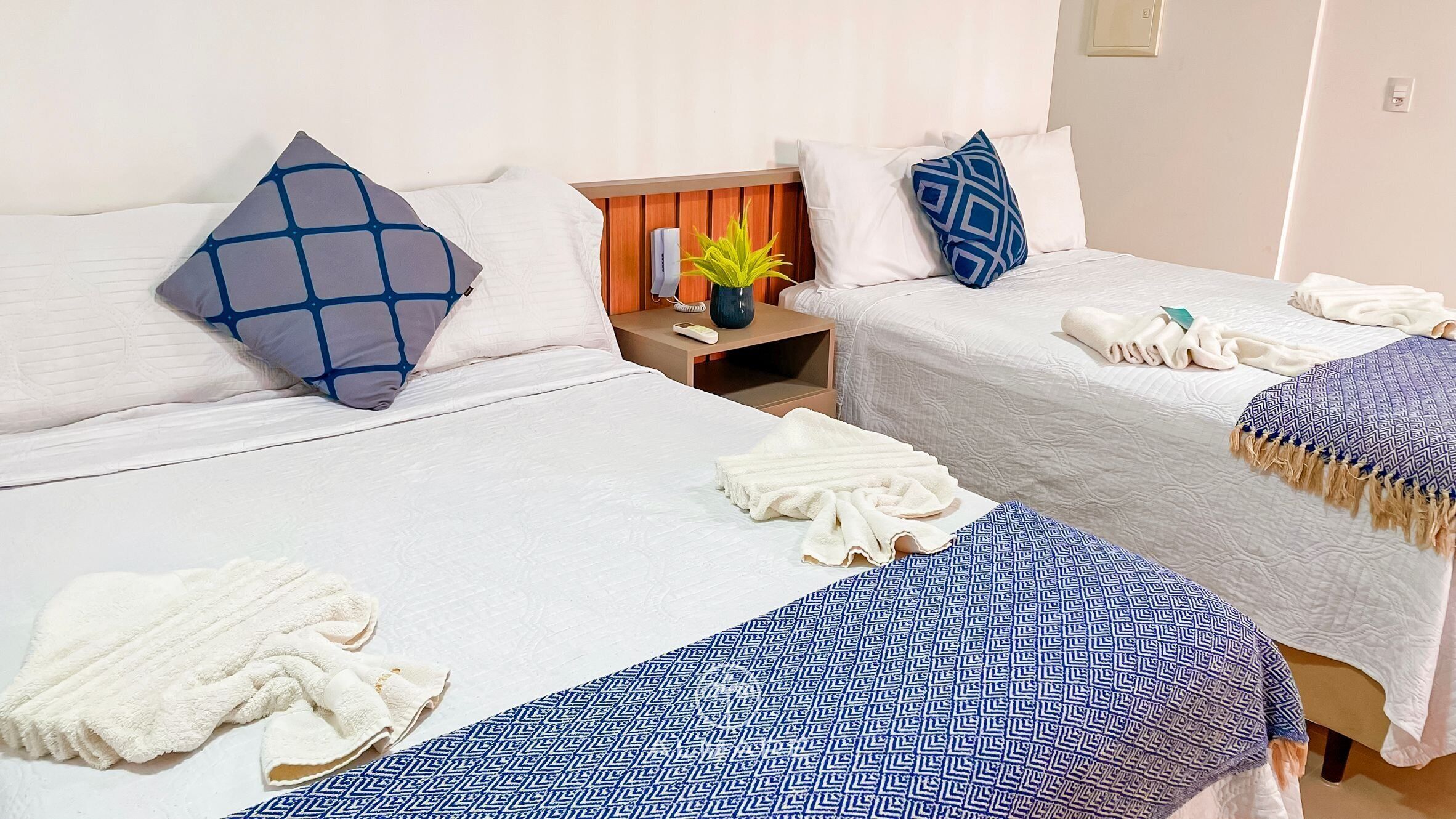 A hotel room with two beds, each with white linens and blue patterned blankets. There are decorative pillows, a small nightstand with a vase of green plants, and a white towel on the floor.