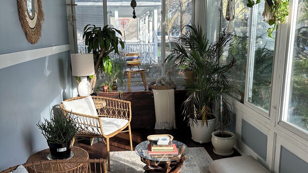 A cozy room with wicker furniture, a rattan hanging light, and large windows with plants. - ZO Family Cottage  (Mount Vernon)