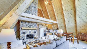 Tv, eldstad, böcker och en stereo