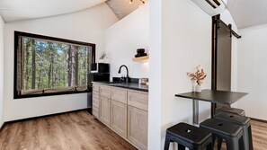 Fridge, microwave, stovetop, coffee/tea maker