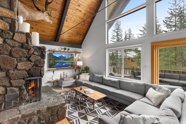 Télévision, cheminée, chaîne hi-fi