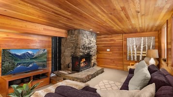 Televisión, chimenea y estéreo