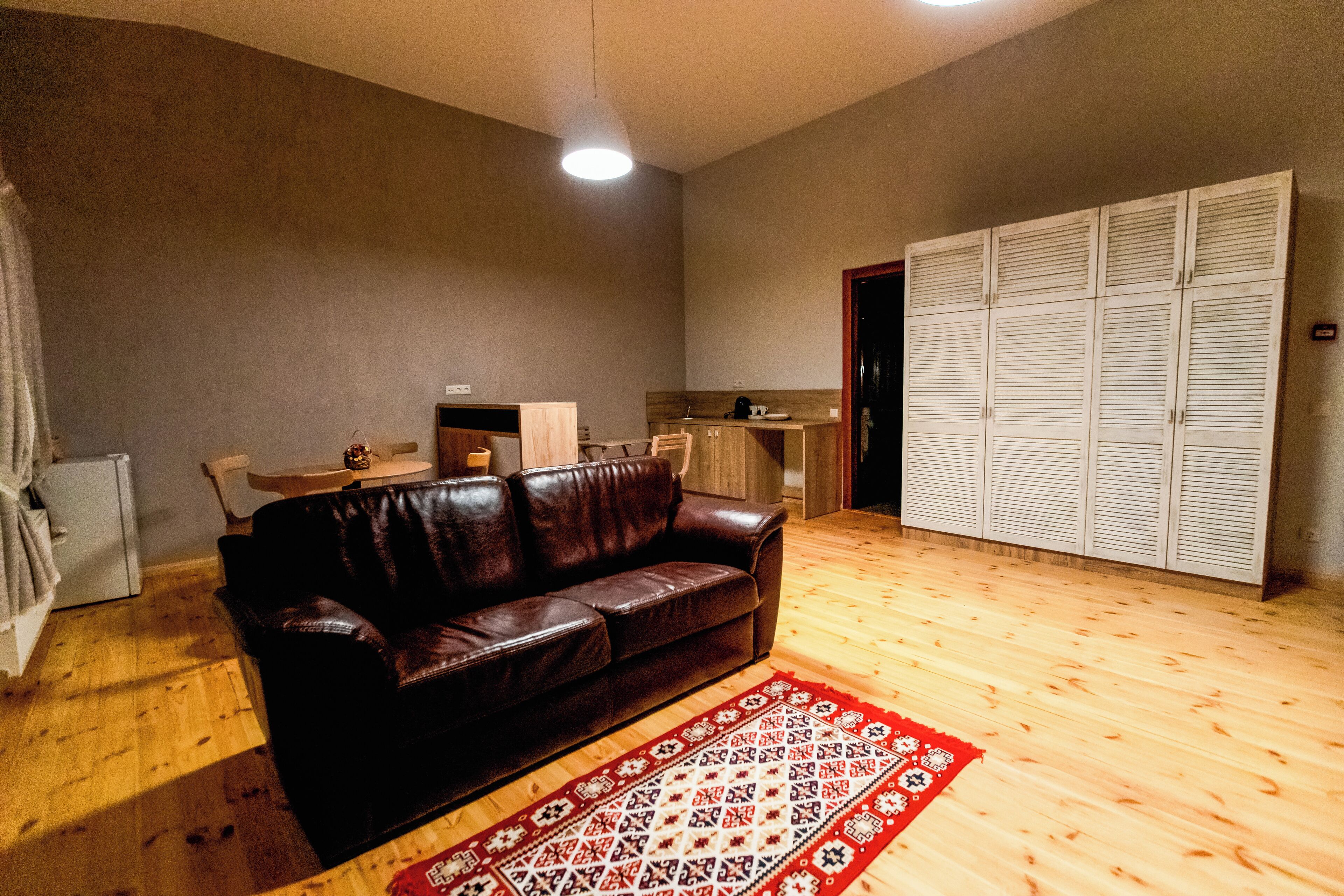 Una sala de estar con un sofá de cuero marrón, piso de madera, alfombra roja estampada, una kitchenette y un armario con puertas a listones.