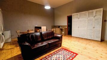 Una sala de estar con un sofá de cuero marrón, piso de madera, alfombra roja estampada, una kitchenette y un armario con puertas a listones.