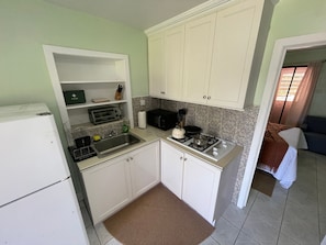 Frigorífico, microondas, horno y placa de cocina