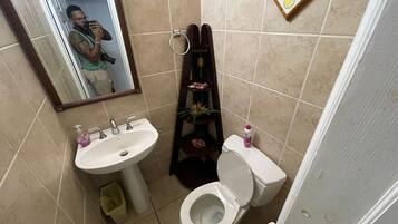 A bathroom with a sink, toilet, and a mirror.