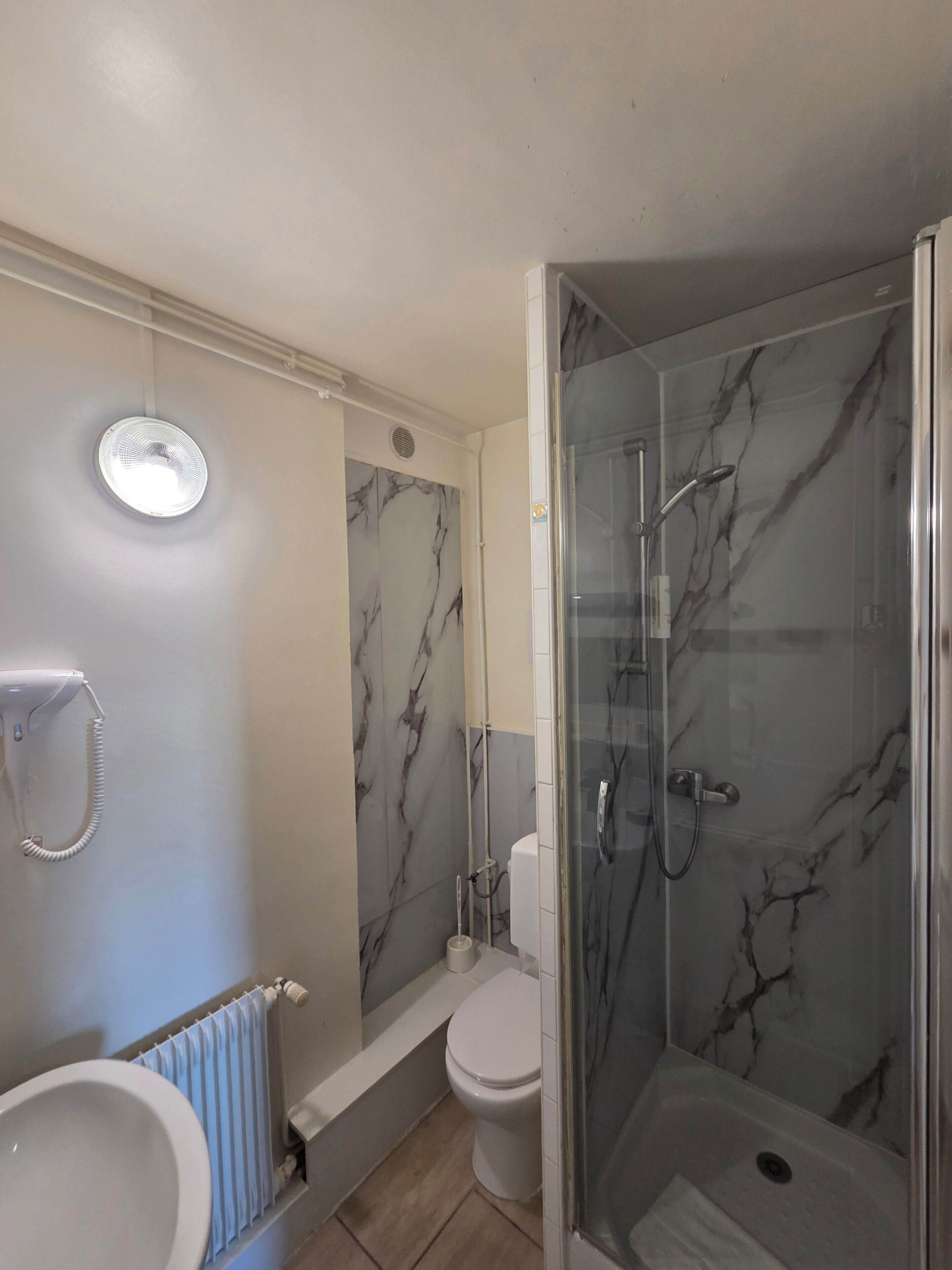 Een badkamer met een douche, toilet en een handdoekradiator.