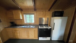 A compact kitchen with wooden cabinets, a stainless steel sink, a gas stove, and a refrigerator. - Cabin 2 "Waterfall" 2 BR, 5-6 pp, access to boats! (Ely)
