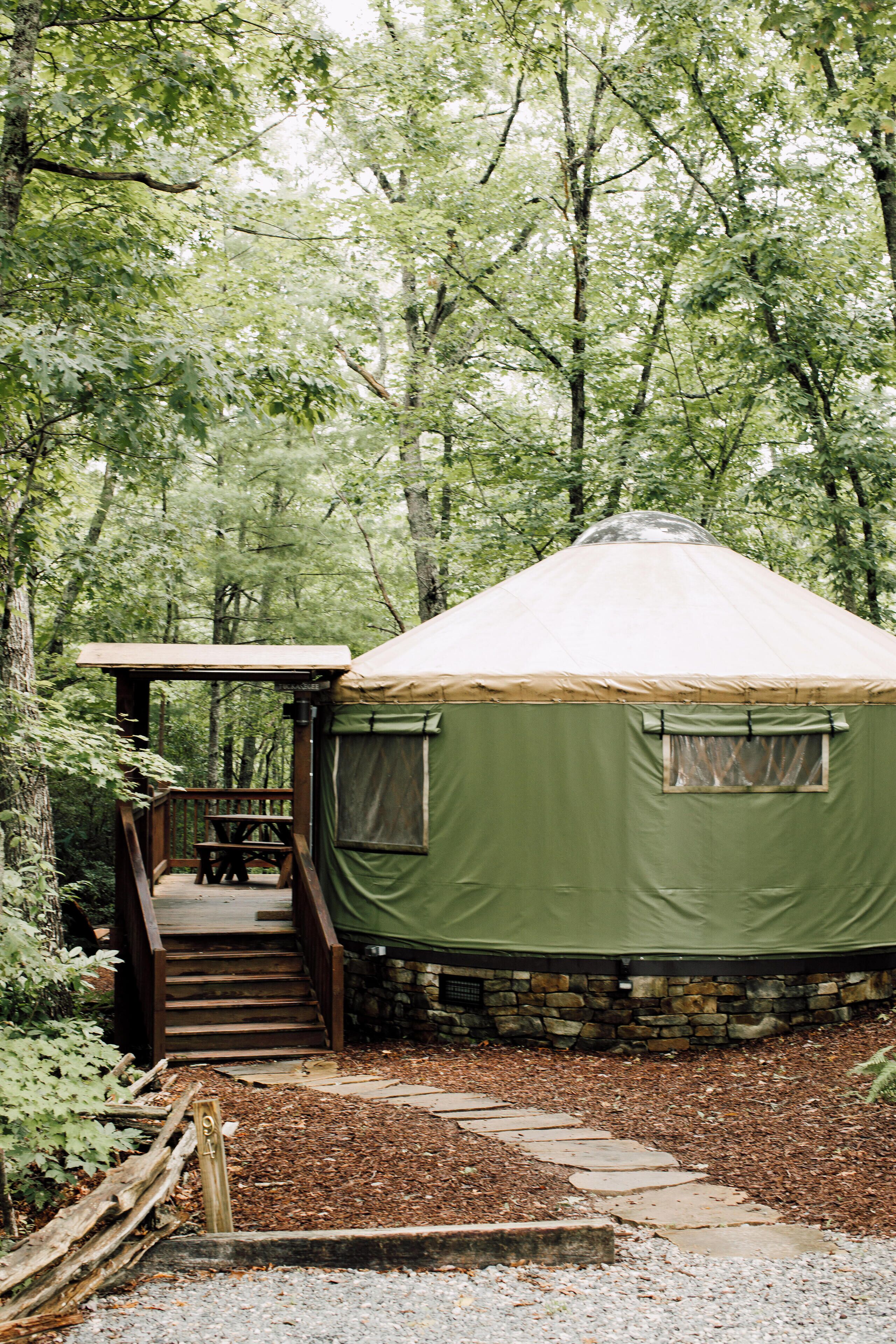 Una yurt verde con una escalera de madera que sube a una terraza, rodeada de árboles.
