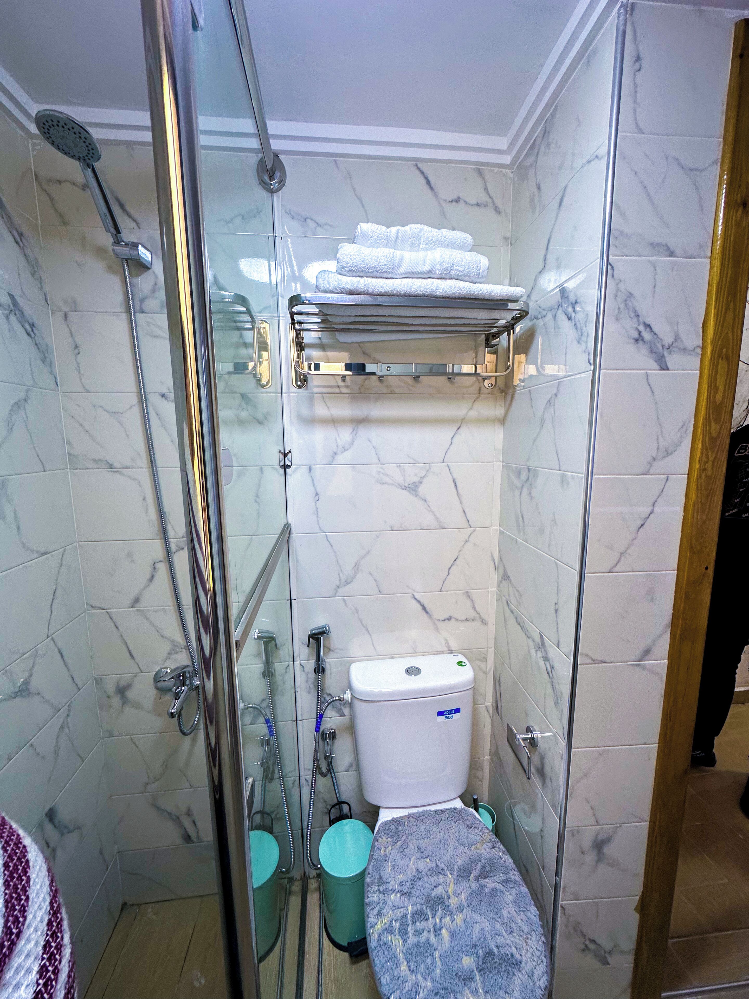Une salle de bain avec une douche à parois de verre, des toilettes et un lavabo.