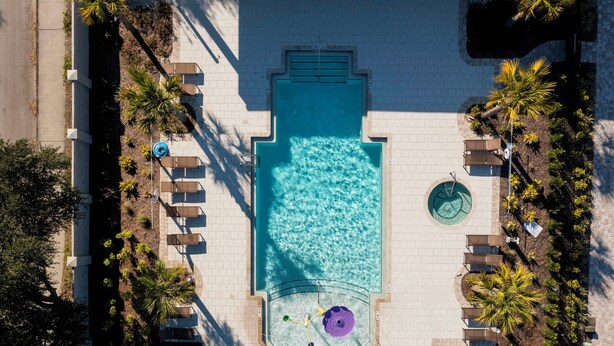 An aerial view of a swimming pool surrounded by lounge chairs and palm trees. - Cozy Vacay 8 Miles From Disney Animal Kingdom 168 (Davenport)