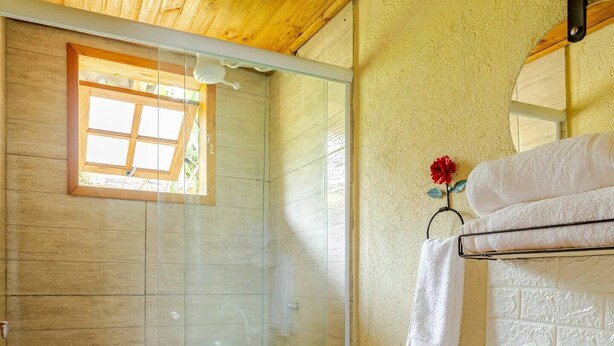 Ein Badezimmer mit Holzboden, einer Duschkabine aus Glas, einer weißen Toilette und einem Waschbecken mit Spiegel.