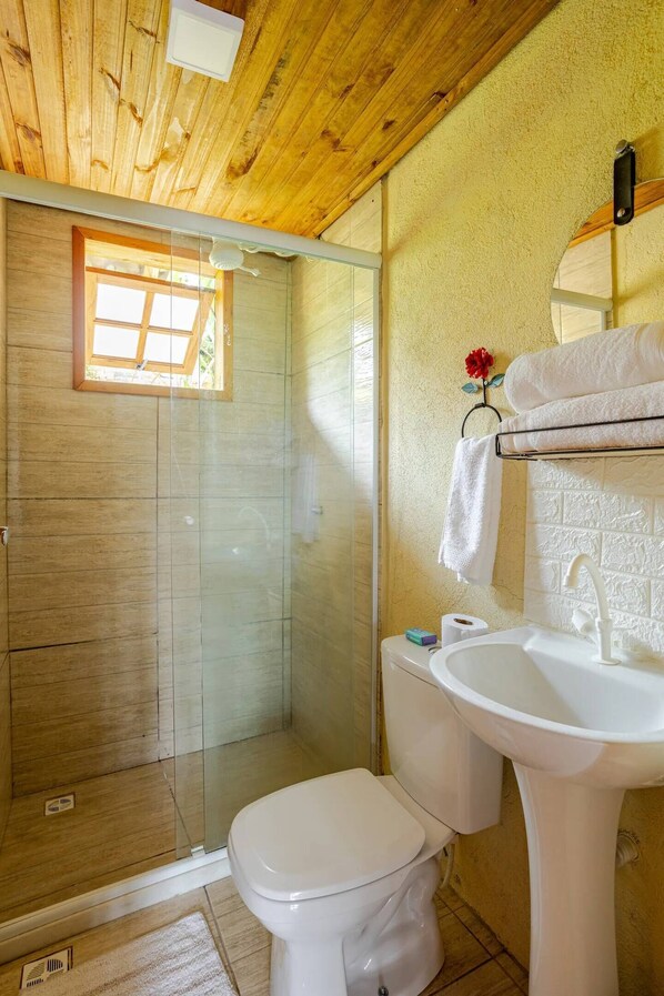 A bathroom with a wooden ceiling, a glass shower enclosure, a white toilet, and a sink with a mirror. - N5 - Chalé 2 Quartos Angra dos Reis (Angra dos Reis)