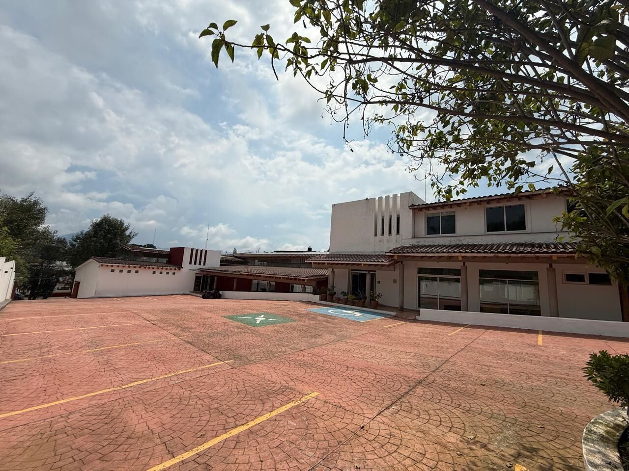 Un patio con suelo empedrado, un edificio con varias ventanas y un árbol de hojas verdes.