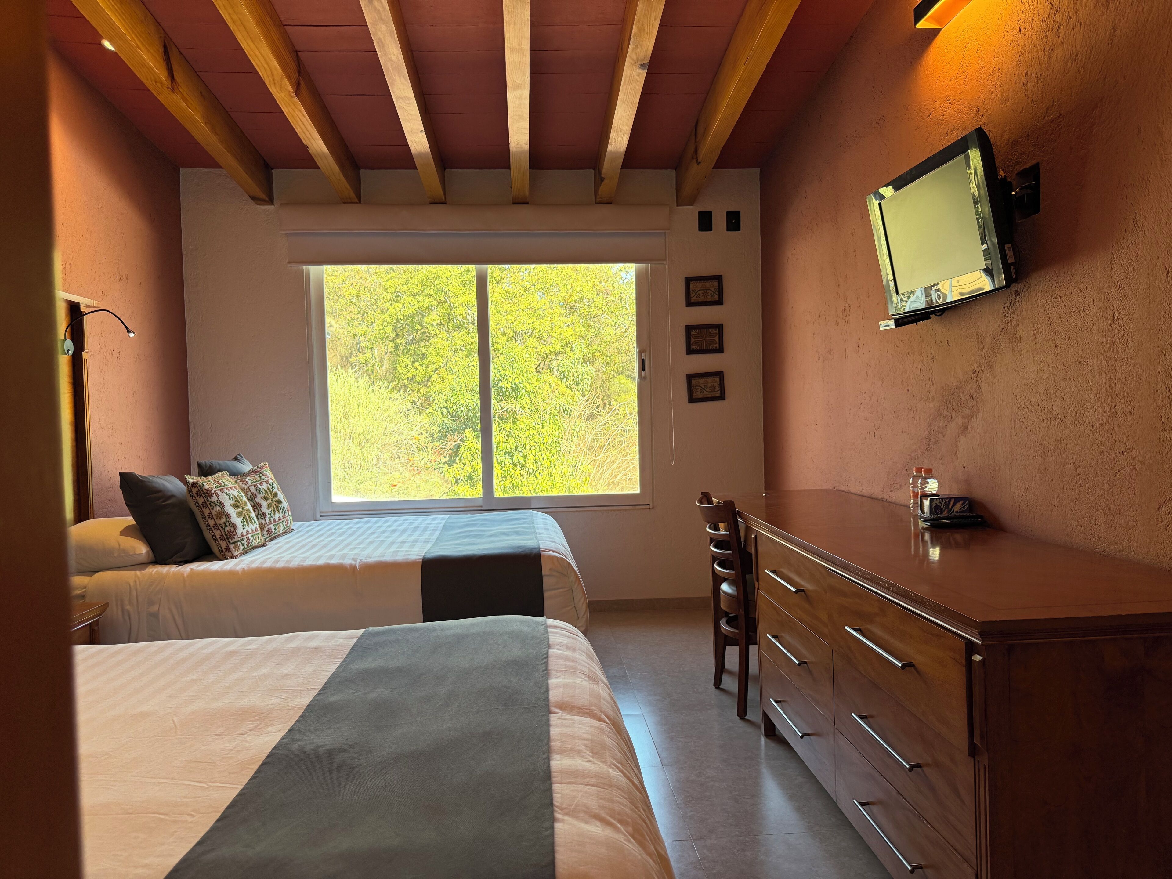 Une chambre avec deux lits, une commode, un téléviseur fixé au mur et une fenêtre donnant sur les arbres.