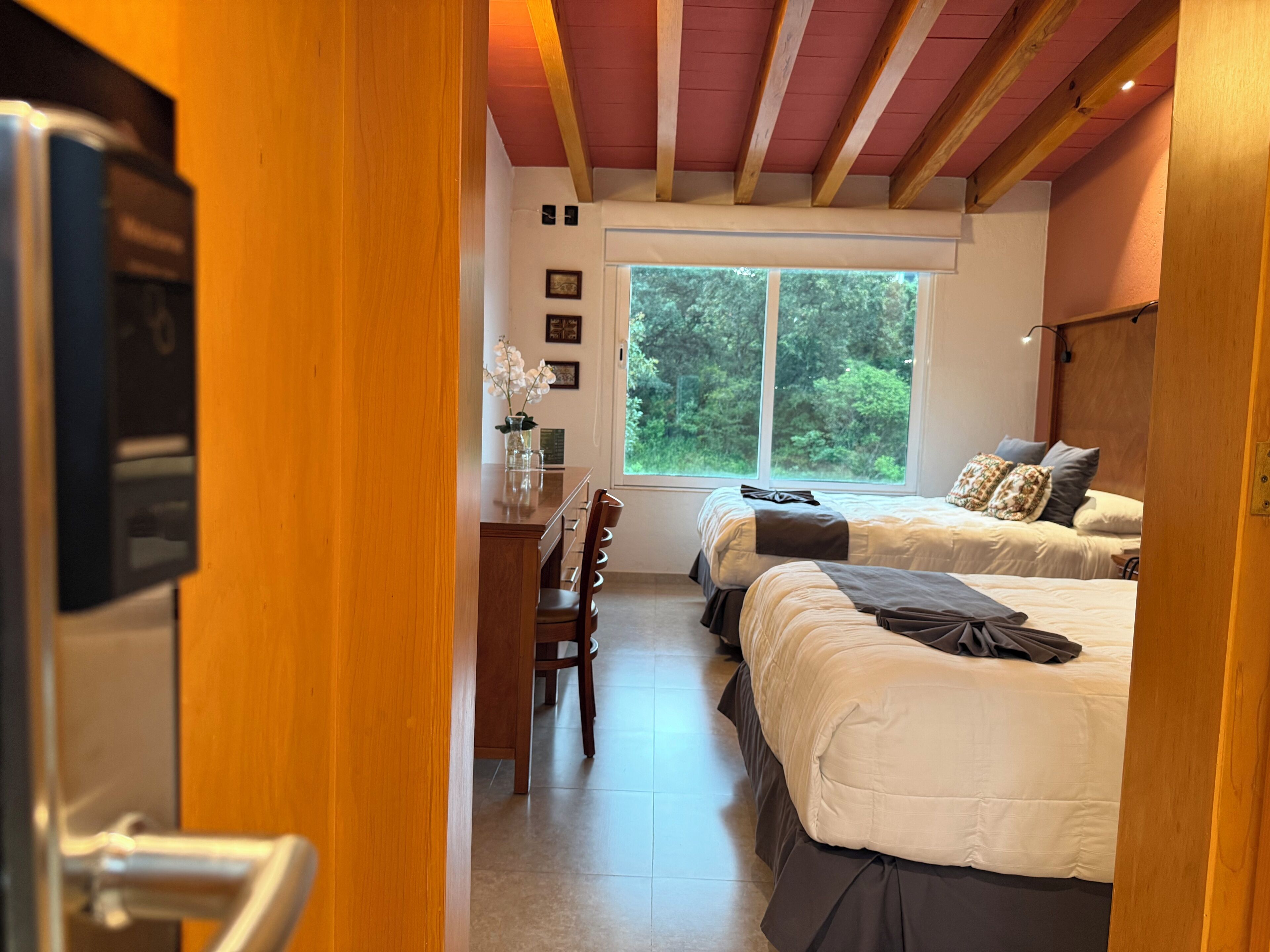 Un dormitorio con dos camas, un escritorio y una ventana con vistas a árboles.