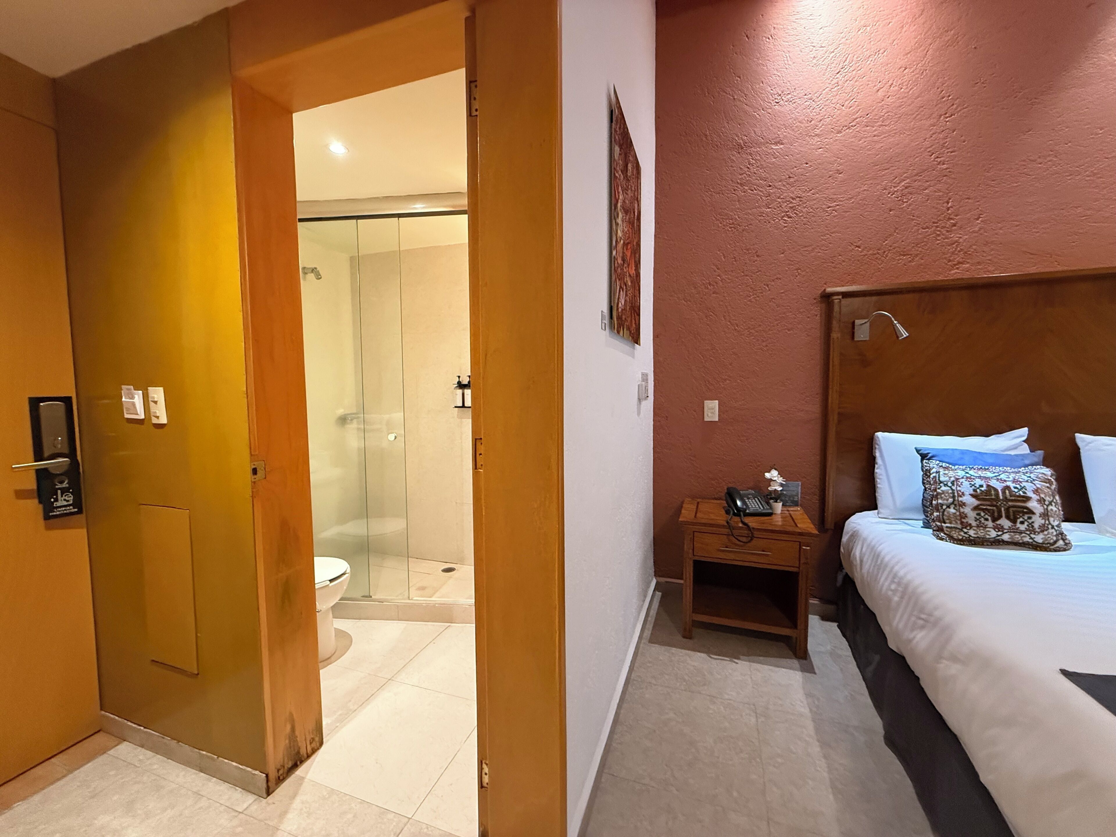 A hotel room with a wooden door, a glass shower enclosure, a bedside table with a phone, and a bed with pillows.