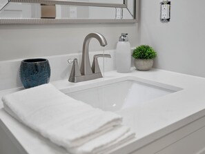 A modern bathroom with a white sink, a silver faucet, a blue ceramic mug, a white bottle, and a small green plant. - Great location, PET friendly, FREE parking, quiet neighborhood, near Colleges (Saint Paul)