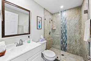 Shower, towels, soap, shampoo