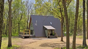 A modern cabin with a sloped roof, a small porch, and a deck. - Brand NEW build. A-frame 2bed+/2bath. Nature paradise. Pepin, WI. (Pepin)