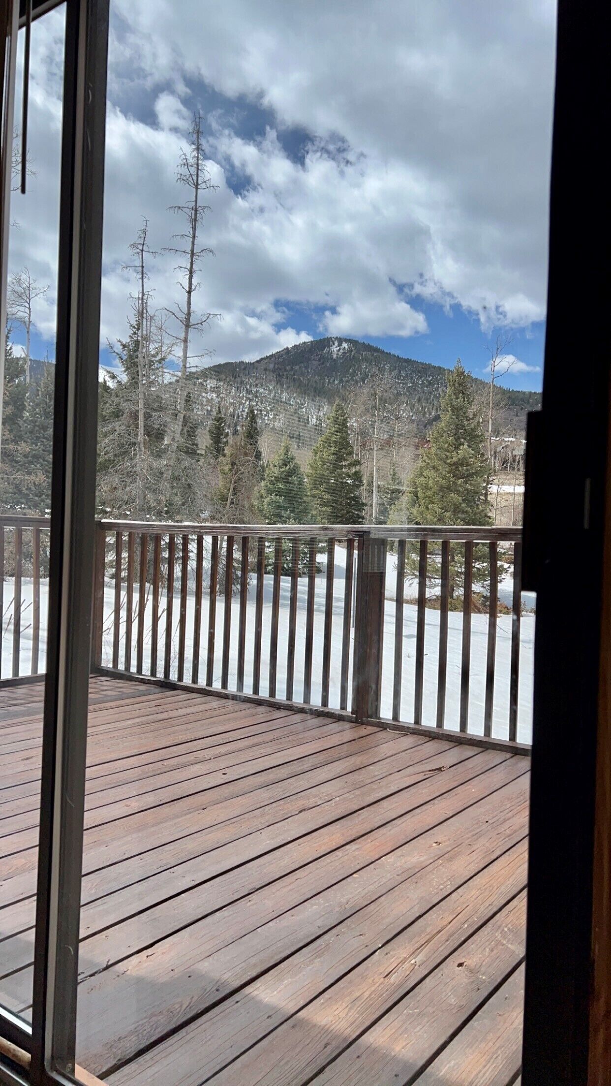 A wooden deck with a metal railing, overlooking a snowy landscape with trees and a mountain.