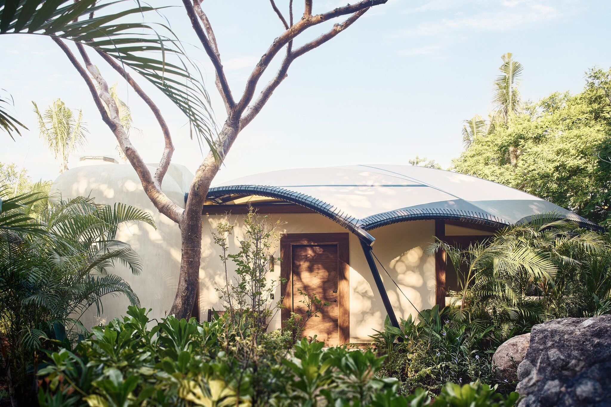 A small, single-story house with a curved roof, surrounded by lush greenery and palm trees.