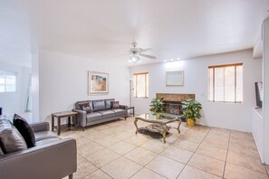 TV, fireplace, table football