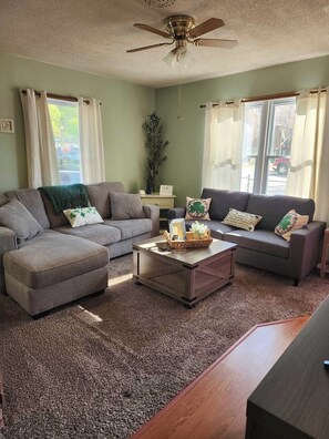 Smart TV, fireplace, DVD player, books