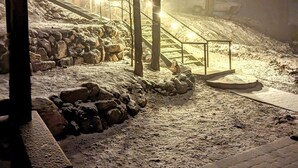 Een besneeuwde buitenruimte met een houten bank, een stenen muur en een metalen hekwerk.