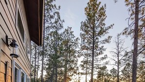 Un terrazzo in legno con tavolo e sedie, circondato da alberi alti e un tramonto sullo sfondo.