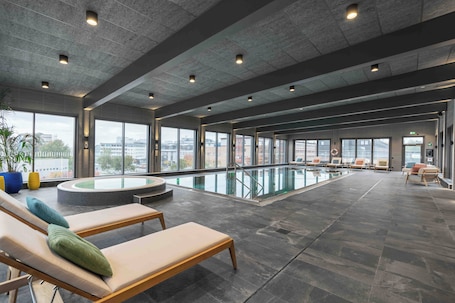 Indoor pool, open 11:00 AM to 9:00 PM, sun loungers