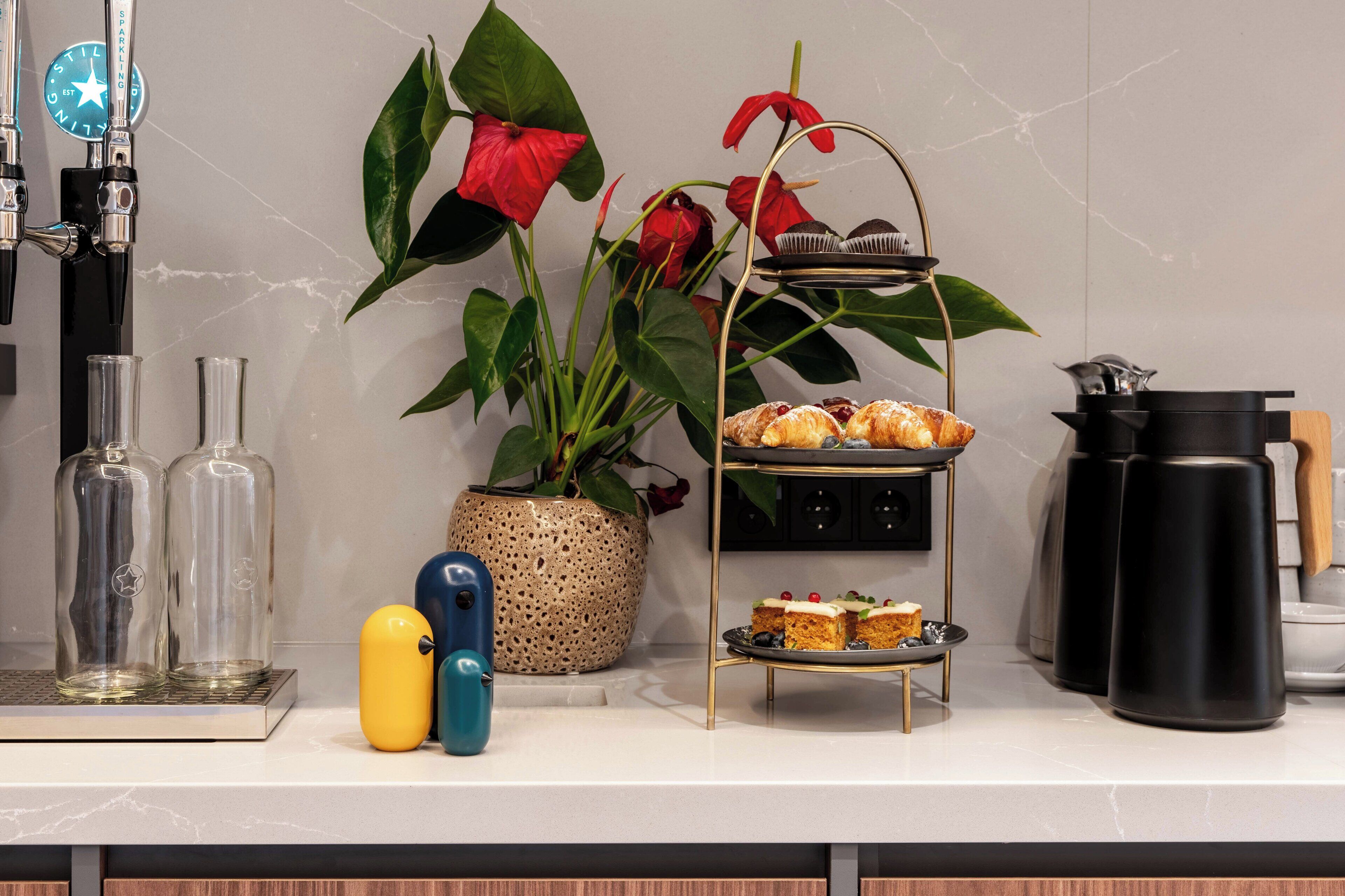Un comptoir de cuisine avec une machine à café, une bouilloire, une carafe en verre, un percolateur et une petite plante.