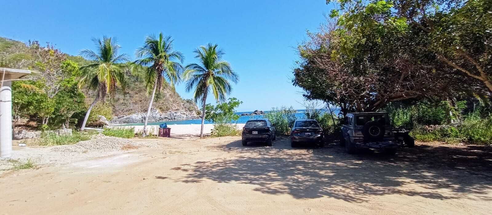 Camí de terra que condueix a una platja, amb vehicles estacionats i palmeres.