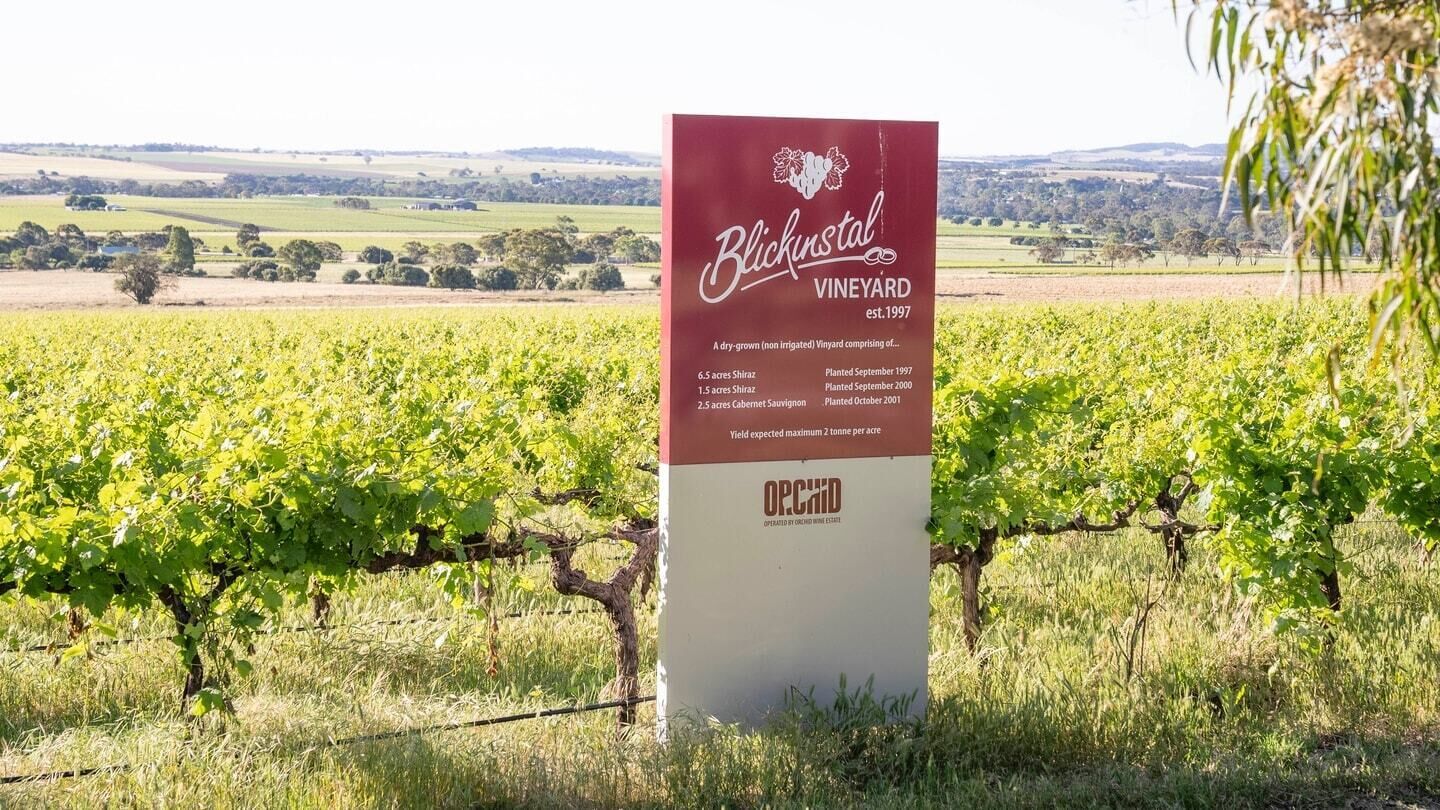 A vineyard sign with details about acreage and planting dates.