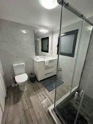 Een haardroger, handdoeken, zeep, toiletpapier