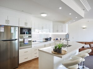 Fridge, microwave, oven, stovetop