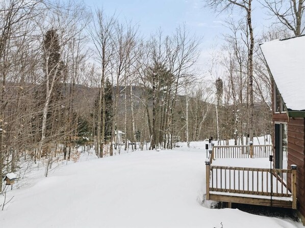 Una cabaña de madera con un balcón, rodeada de árboles cubiertos de nieve y un cielo despejado.