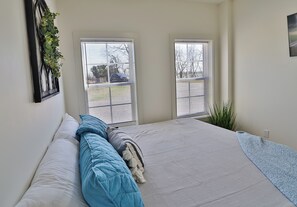 Een slaapkamer met een bed, twee ramen, een plant en een aan de muur bevestigd fotolijstje.