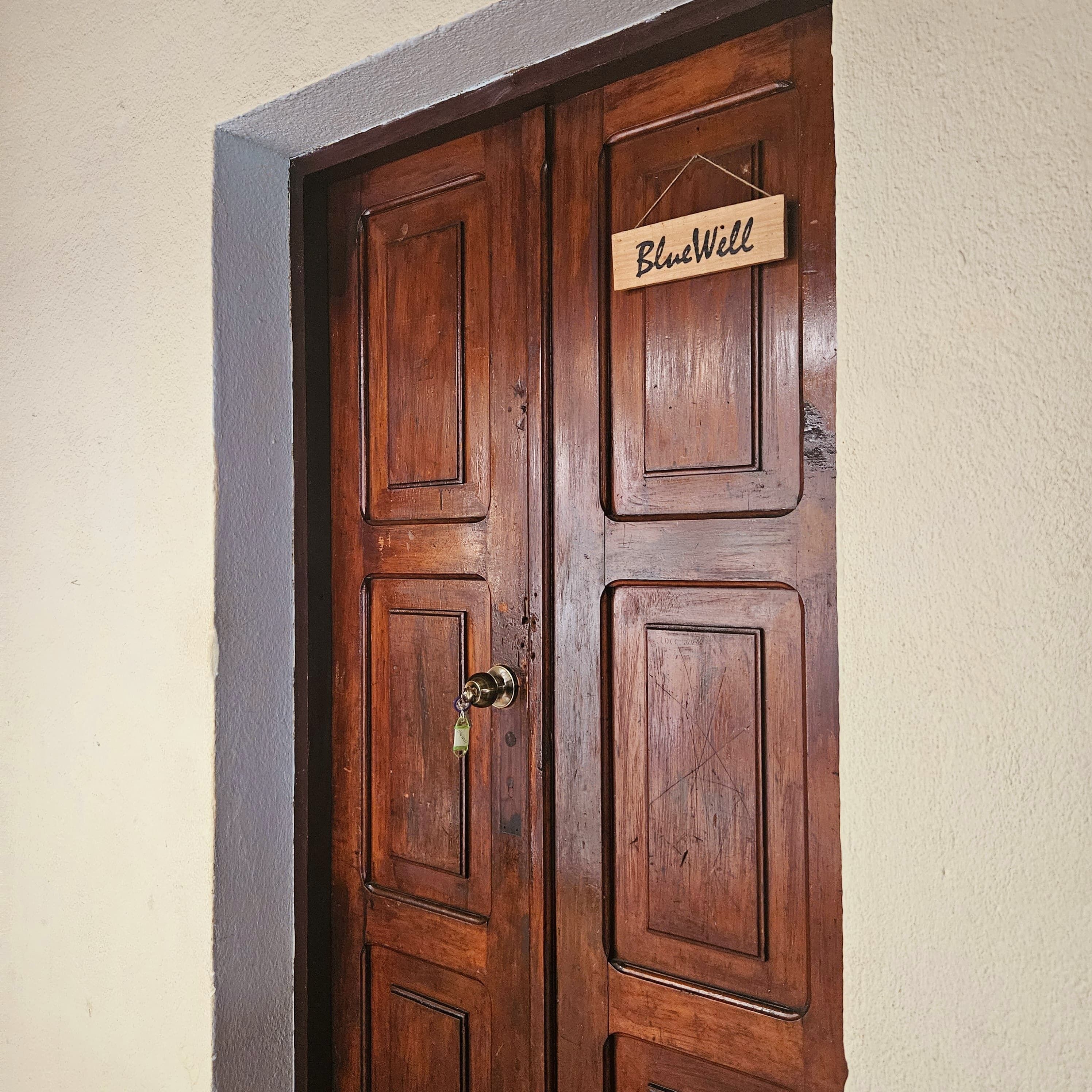 A wooden double door with a sign reading "Blue Well" above it.